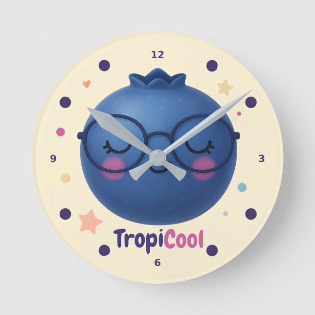 Reloj Redondo Mediano TropiCool Blueberry - Cute Kawaii Fruit Wall Clock (Anverso)