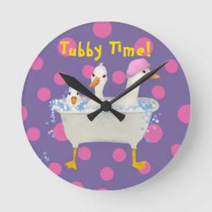 Reloj Redondo Mediano Tubby Time Tres Patos en Bañera Acuarela 