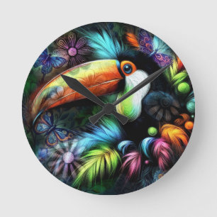 Reloj Redondo Mediano Tucán Pájaro Abstracto Caprichoso Tucanes Naranja