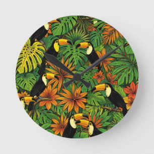 Reloj Redondo Mediano Tucanes Coloridos Hojas Tropicales de Jungla Hibis