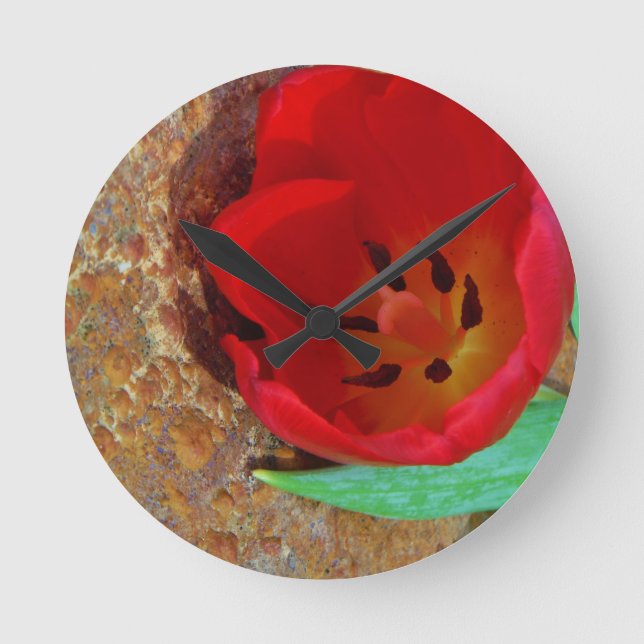 Reloj Redondo Mediano Tulipán amarillo y rojo de la primavera (Anverso)