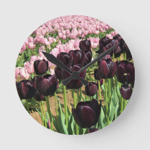 Reloj Redondo Mediano Tulipanes morados y rosados oscuros