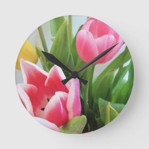 Reloj Redondo Mediano Tulipanes rosados, Bouquet de primavera floral, fl