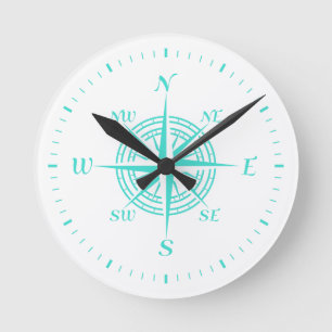 Reloj Redondo Mediano Turquesa En El Rosa De La Brújula De La Decoración