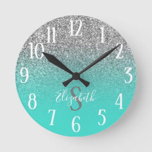 Reloj Redondo Mediano Turquesa Monogramada y Brillo de Plata Ombre