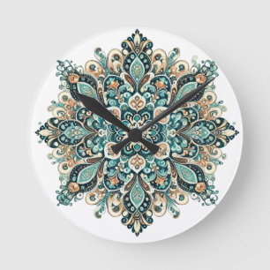 Reloj Redondo Mediano Turquesa Paisley Mandala con acentos dorados 1