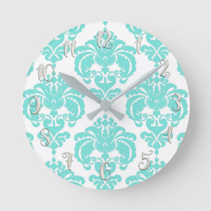 Reloj Redondo Mediano Turquesa Verde Azul y Blanco Damasco Moderno Perso
