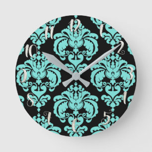 Reloj Redondo Mediano Turquesa Verdeazul y Negro Damasco Moderno Persona