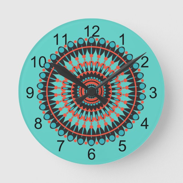 Reloj Redondo Mediano Turquoise Southwestern BOHO Mandala (Anverso)