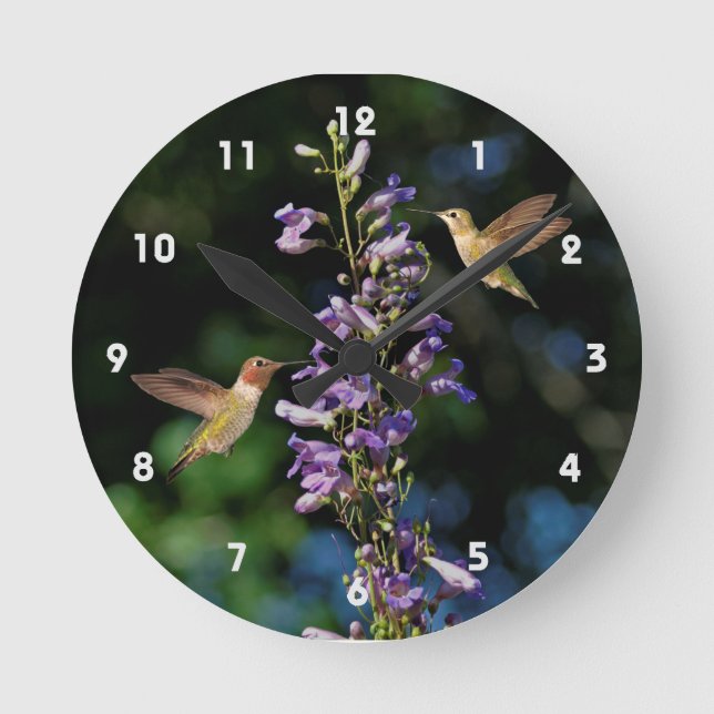 Reloj Redondo Mediano Two Hummingbirds In Flight With Flowers Wall Clock (Anverso)