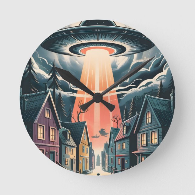 Reloj Redondo Mediano UFO Abduction Night Street Illustration (Anverso)