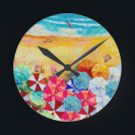 Reloj Redondo Mediano Umbrellas de playa<br><div class="desc">Olas en una playa de arena,  baños de sol bajo sombrillas de colores,  este reloj es un divertido complemento de tu casa de playa o decoración de verano o un regalo. COINCIDIENDO con los artículos de nuestra tienda.</div>