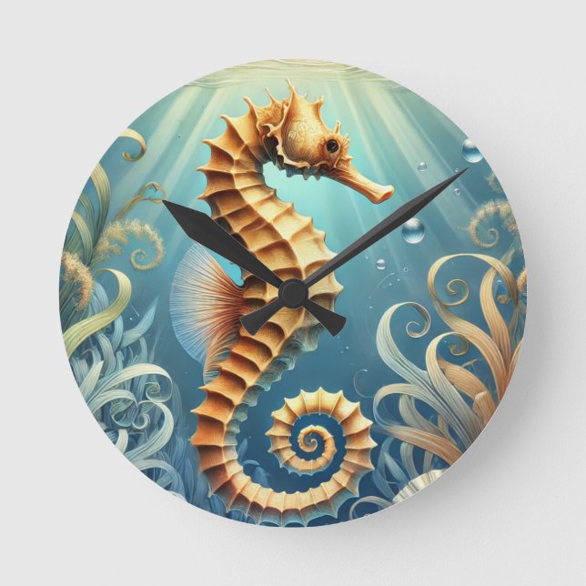 Reloj Redondo Mediano Un elegante caballito de mar nadando bajo el agua (Anverso)