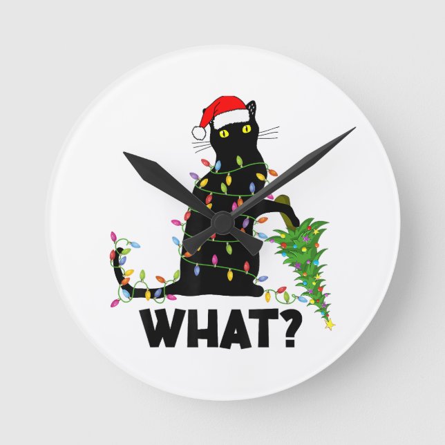 Reloj Redondo Mediano Un gato negro gracioso que presiona el árbol de Na (Anverso)