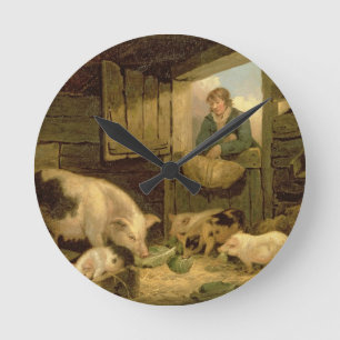 Reloj Redondo Mediano Un muchacho que mira en una pocilga de cerdo, 1794