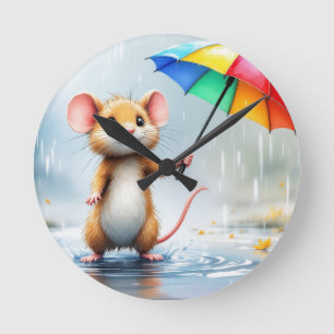 Reloj Redondo Mediano Un ratón con un paraguas de arco iris lluvia acuar