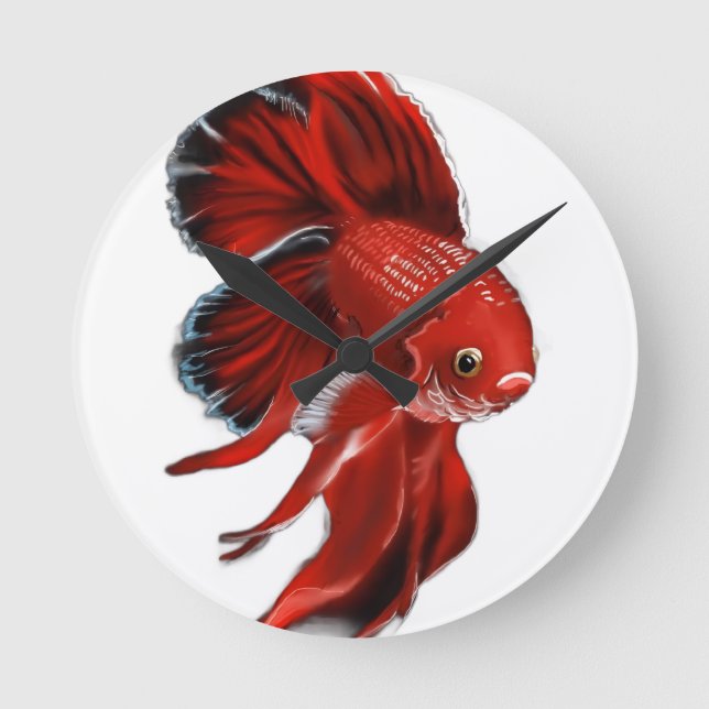 Reloj Redondo Mediano Un vibrante pez betta rojo nadando. (Anverso)
