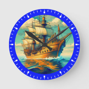 Reloj Redondo Mediano Una Pintura De Un Buque Con Las Velas Down-56350