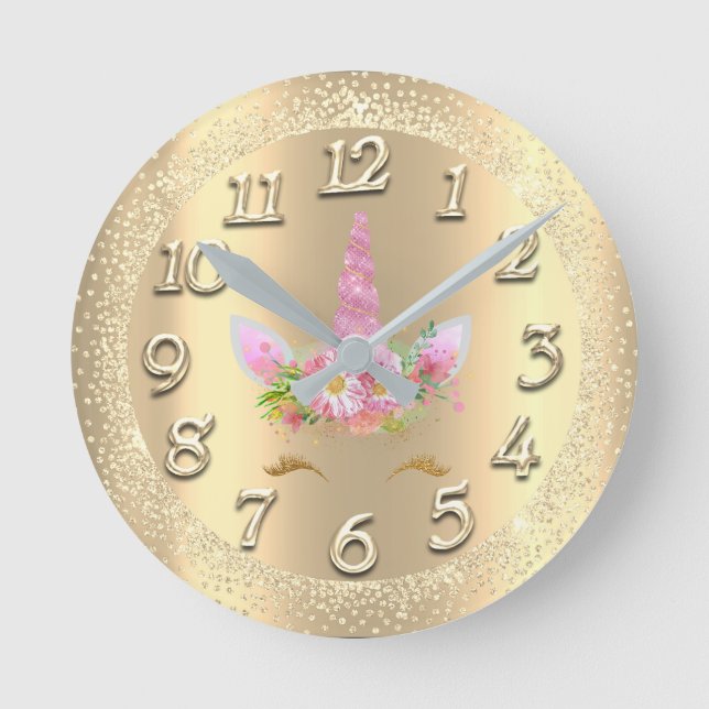 Reloj Redondo Mediano Unicorn Gold Lash Crystals Girly Glitter Pink Glam (Anverso)