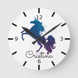 Reloj Redondo Mediano Unicornio azul y púrpura personalizado