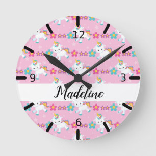 Reloj Redondo Mediano Unicornio, bebé floral personalizado