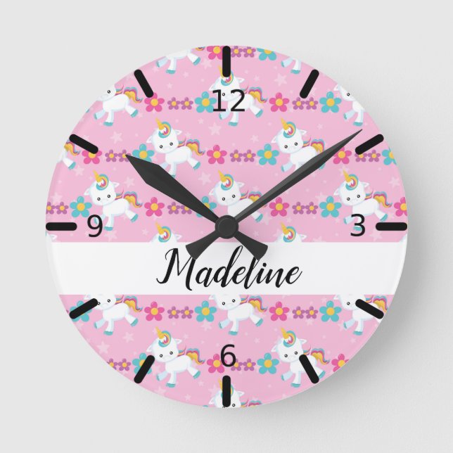 Reloj Redondo Mediano Unicornio, bebé floral personalizado (Anverso)