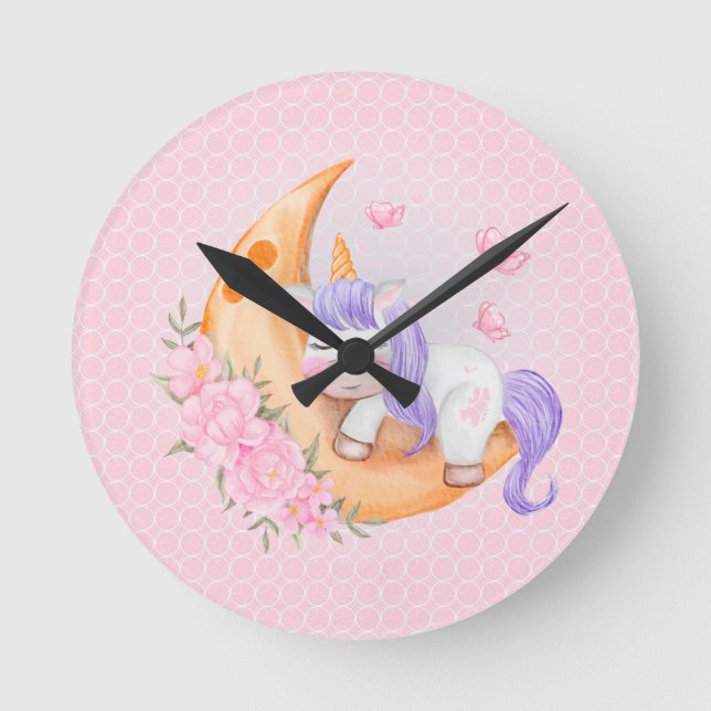 Reloj Redondo Mediano Unicornio bebé sobre la luna con flores (Anverso)