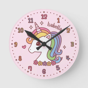 Reloj Redondo Mediano Unicornio lindo con Chicas arcoiris en la decoraci