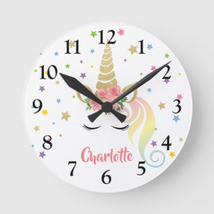 Reloj Redondo Mediano Unicornio Mágico de Niña Personalizado & Estrellas