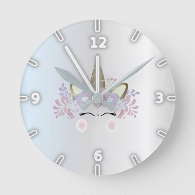 Reloj Redondo Mediano Unicornio mágico plateado adorable (Anverso)
