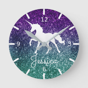 Reloj Redondo Mediano Unicornio morado y azul