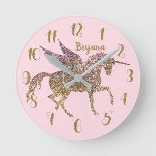Reloj Redondo Mediano Unicornio Pegasus Brillante Dorado de Moda CUALQUI