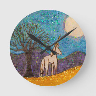 Reloj Redondo Mediano Unicornio que mira en la luna