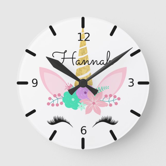 Reloj Redondo Mediano Unicornio sonriente floral personalizado (Anverso)