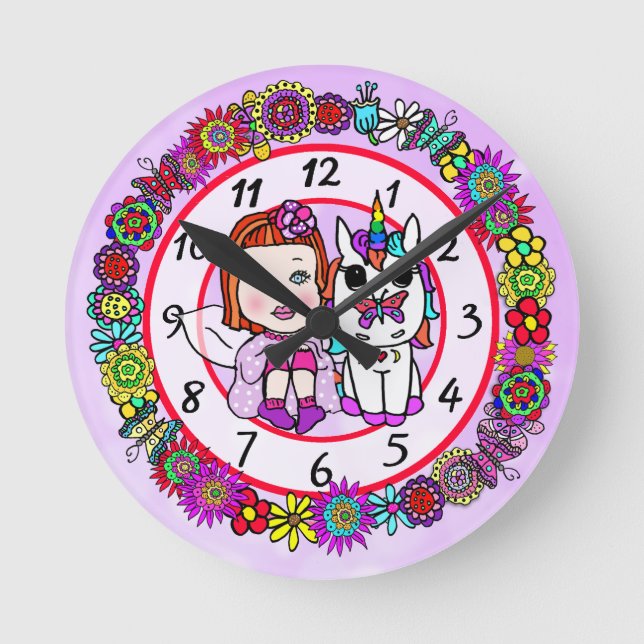 Reloj Redondo Mediano Unicornio y Fairy Whimsical Chica de Arte Popular (Anverso)
