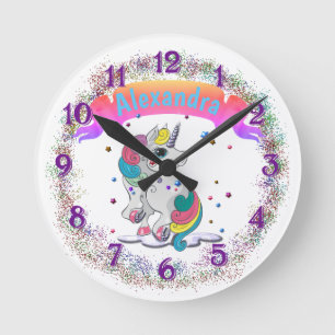 Reloj Redondo Mediano Unicornio y purpurina del arco iris
