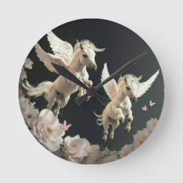Reloj Redondo Mediano Unicornios florales lindos volando pequeño pony   