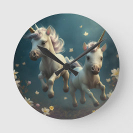Reloj Redondo Mediano Unicornios florales lindos volando pequeño pony  C