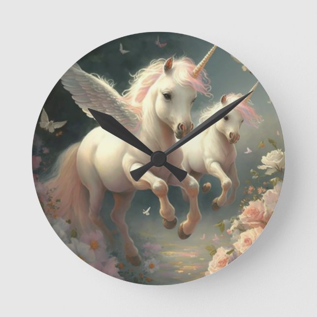 Reloj Redondo Mediano Unicornios florales lindos volando pequeño pony re (Anverso)