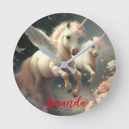 Reloj Redondo Mediano Unicornios florales personalizados volando, pequeñ