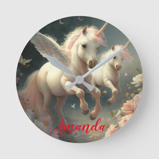 Reloj Redondo Mediano Unicornios florales personalizados volando, pequeñ (Anverso)