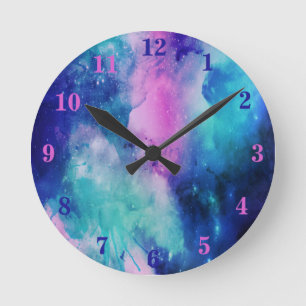 Reloj Redondo Mediano Universo de estrellas de nebulosa de acuarela rosa