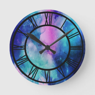 Reloj Redondo Mediano Universo de estrellas nebulosas rosa azul acuarela
