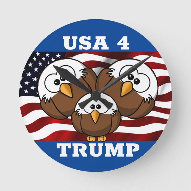 RELOJ REDONDO MEDIANO "USA 4 TRUMP" CARTOON EAGLE ELECTION CLOCK (Anverso)