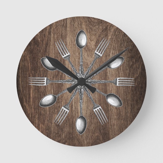 Reloj Redondo Mediano Utensilios de cocina de chef elegante madera oscur (Anverso)