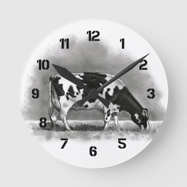 Reloj Redondo Mediano Vaca de Holstein que pasta: Dibujo de lápiz del (Anverso)