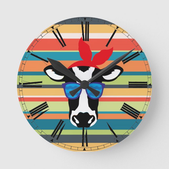 Reloj Redondo Mediano Vaca hipster en franjas (Anverso)