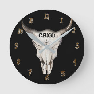 Reloj Redondo Mediano Vacas Rústicas Negras Toro Cabeza Cráneo Cuernos P