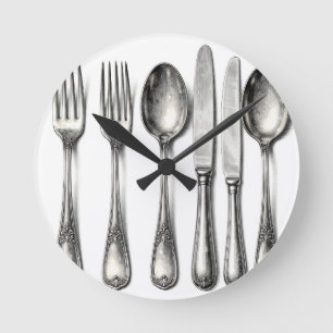 Reloj Redondo Mediano Vajilla de plata antigua cubiertos de cocina ornam