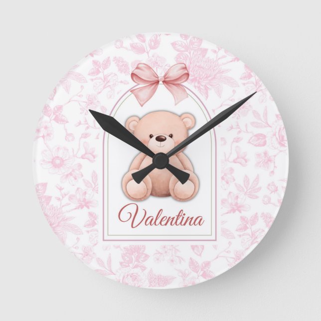 Reloj Redondo Mediano Valentina | Diseño de guardería de osito rosado pe (Anverso)